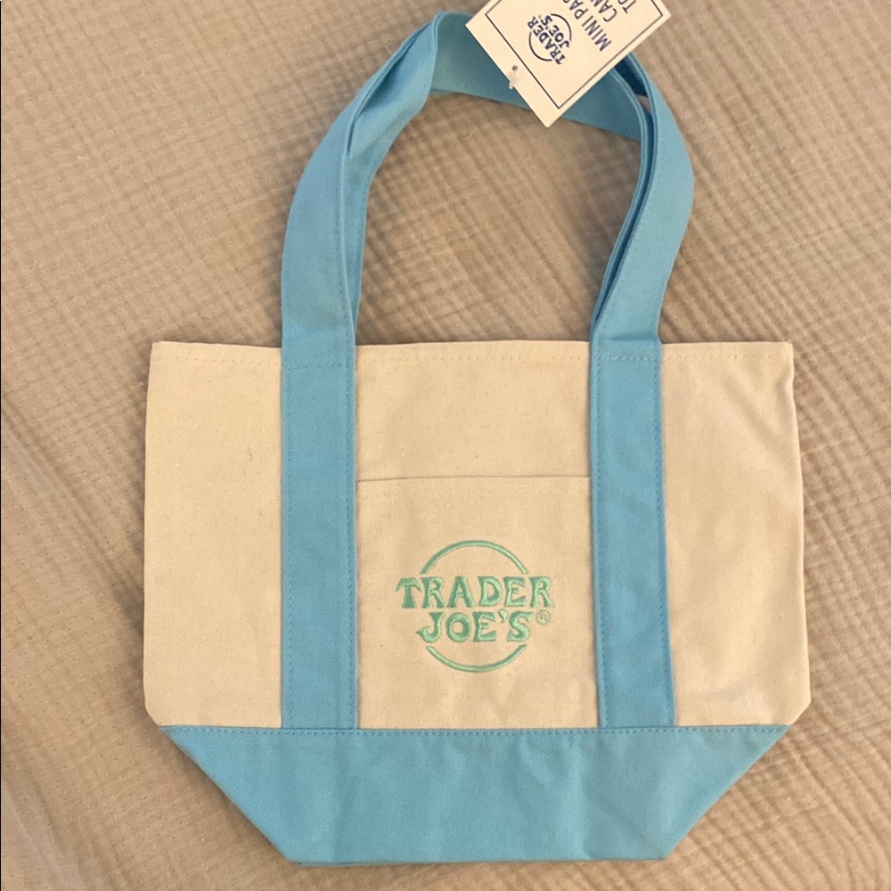 Trader Joe’s Mini Stylish Blue and Cream Tote Bag with Durable Canvas NWT